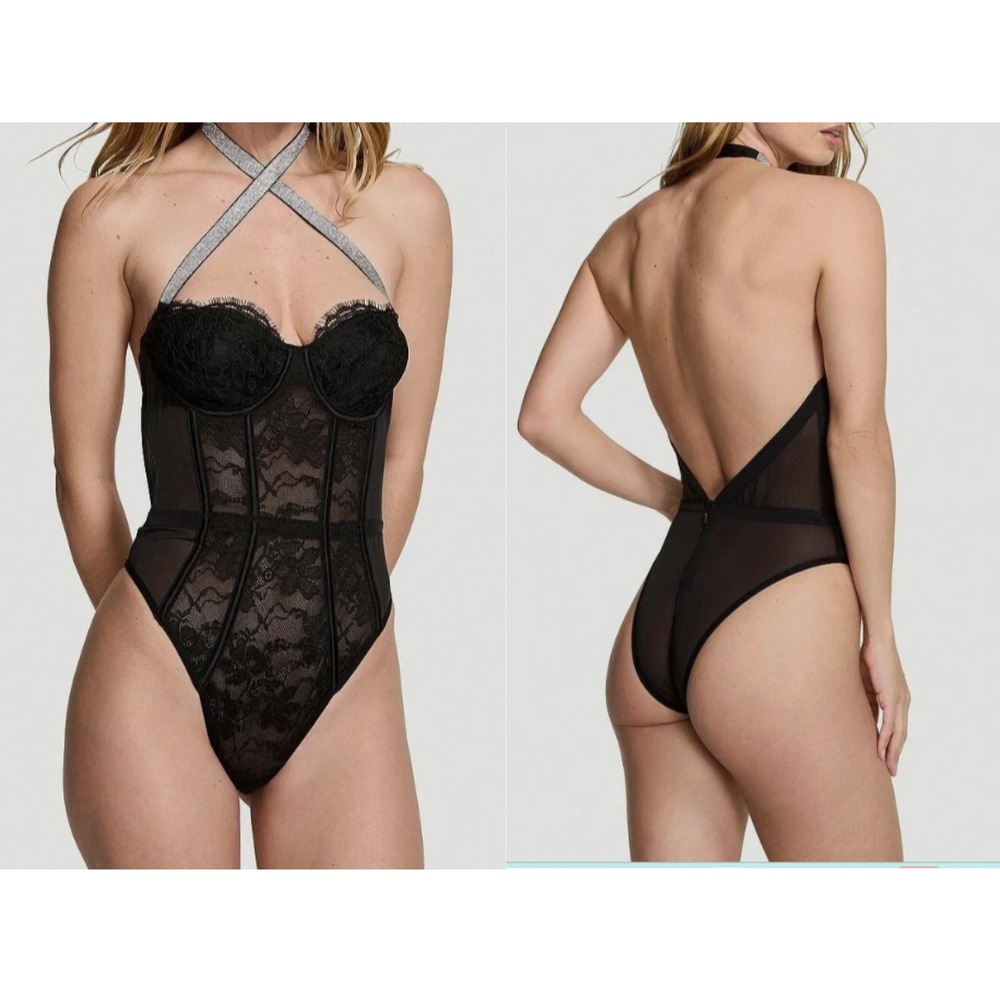 Victoria's Secret Very Sexy Sheer Lace Shine Strap Halter Teddy Black M NWT